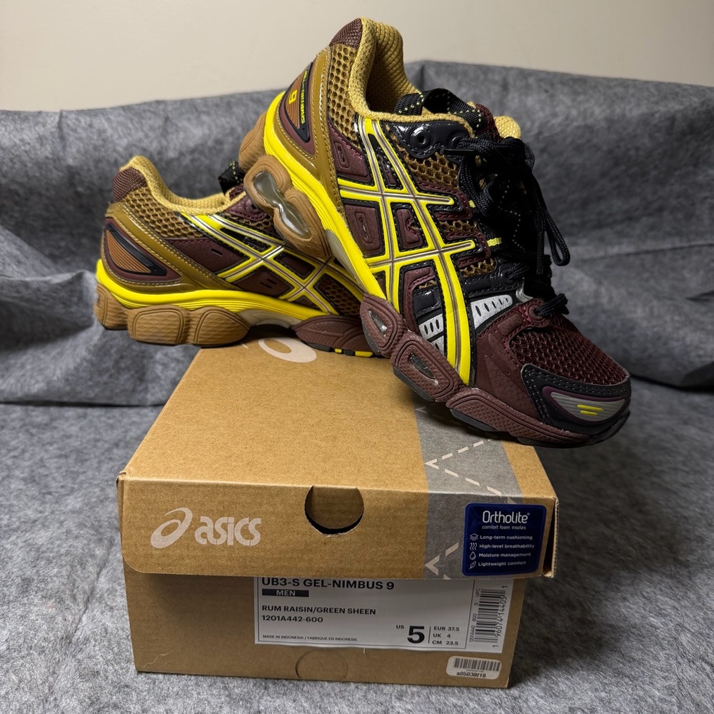 Asics UB3-S Gel-Nimbus 9 Kiko Kostadinov Rum Raisin Green Sheen Mens 5 Wmns 6